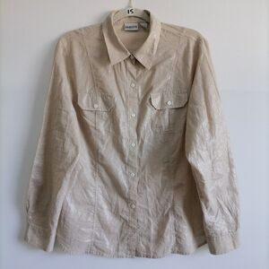 Chico's Womens Beige Striped Roll Tab Sleeve Shimmer Button-Up Shirt Size 2,L